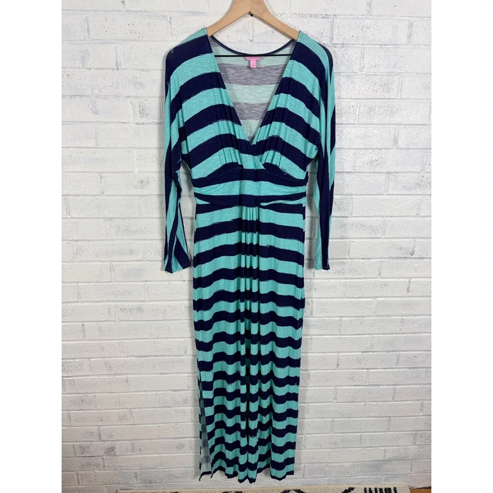 Lilly Pulitzer Riana Maxi Dress Womens L Blue Teal Striped V Neck Long Sleeve